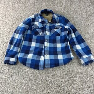 Eddie Bauer Kids Plaid Faux Sherpa Lined Shacket Snap Up Blue White Heavy Size 8